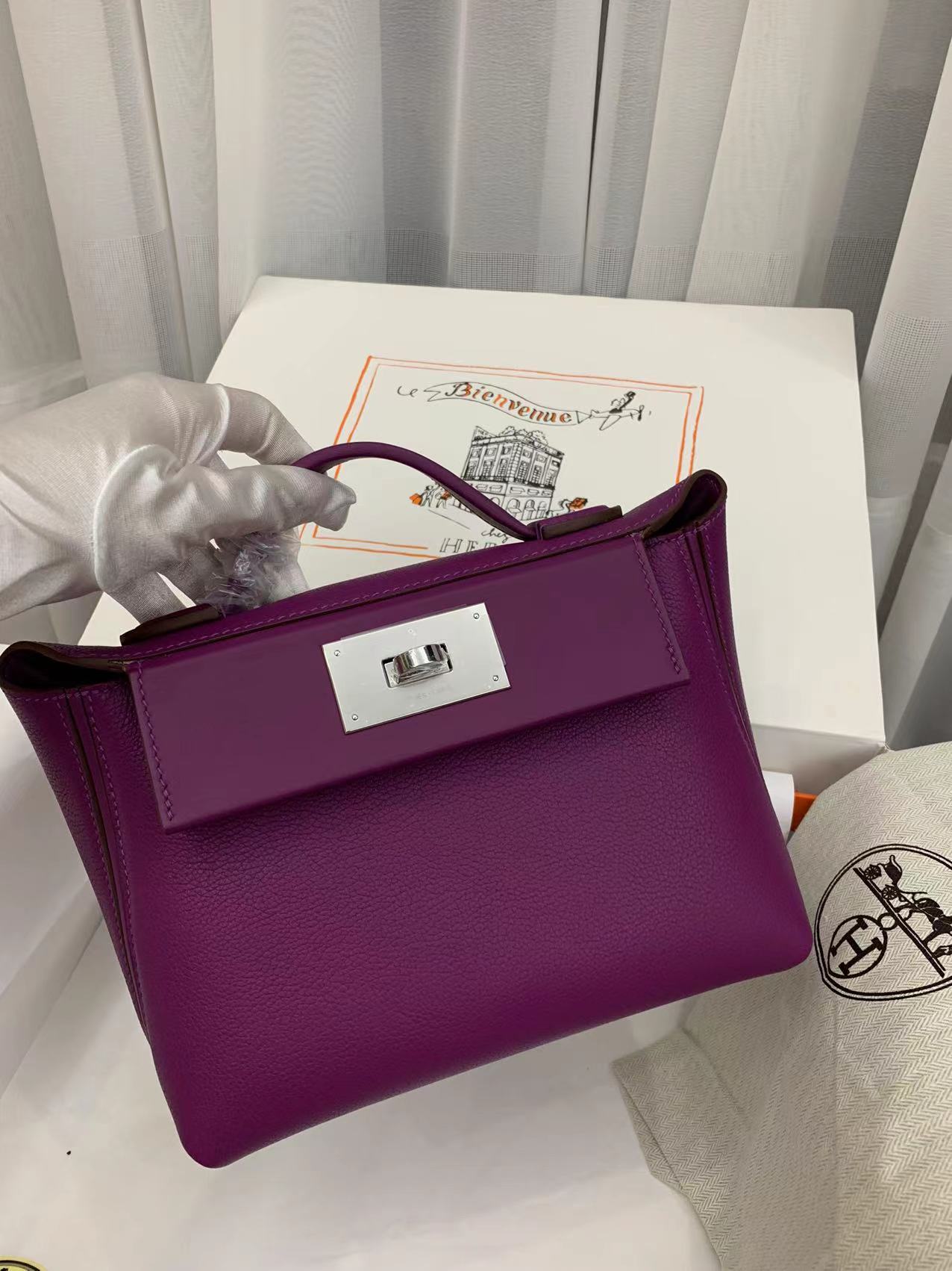 Hermes Kelly Mini 2424 21cm Handbag in Purple Clemence Leather 